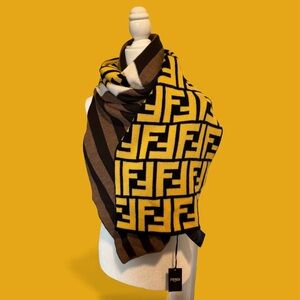 NWT Fendi FF Motif Bold Yellow and Brown 100% Wool Geometric Scarf